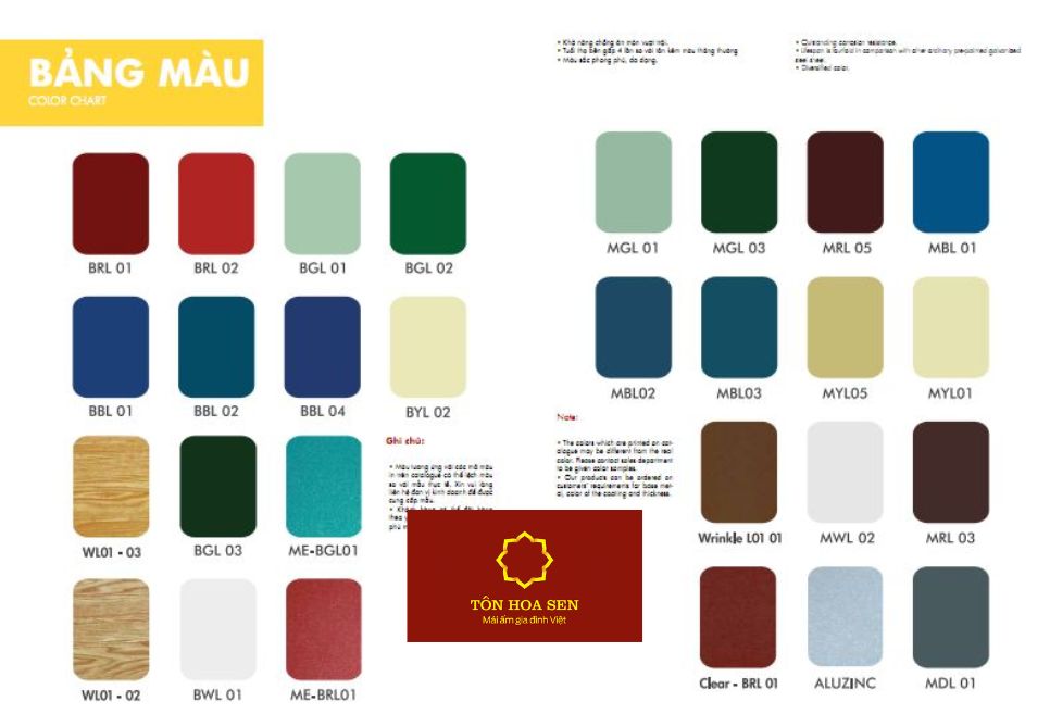 Bảng màu máng xối tôn Hoa Sen mới nhất